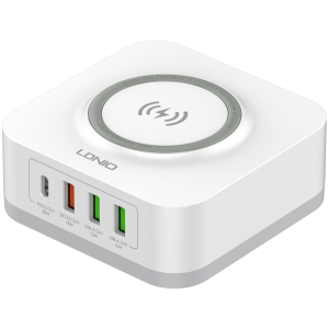 LDNIO σταθμός φόρτισης AW004, USB-C/3x USB/wireless, 32W, PD/QC, λευκός