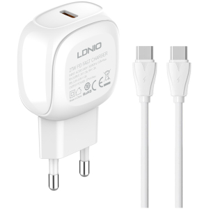 LDNIO φορτιστής τοίχου A1206C με καλώδιο USB-C, 1x USB-C, 27W PD, λευκός