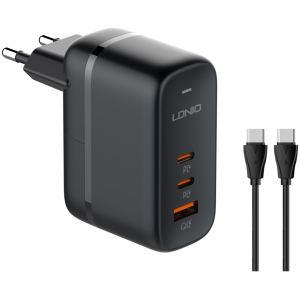 LDNIO φορτιστής τοίχου Q366 με καλώδιο, USB/2x USB-C, 65W, GaN, μαύρος
