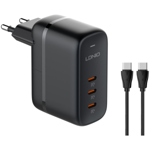 LDNIO φορτιστής τοίχου Q367 με καλώδιο USB-C, 3x USB-C, 65W, GaN, μαύρος