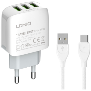LDNIO φορτιστής τοίχου A3312 με καλώδιο USB-C, 3x USB, 17W, λευκός