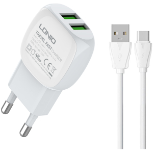 LDNIO φορτιστής τοίχου A2218 με καλώδιο USB-C, 2x USB, 12W, λευκός