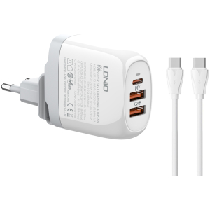 LDNIO φορτιστής τοίχου A3511Q με καλώδιο, USB-C/2x USB, 65W, GaN, λευκός