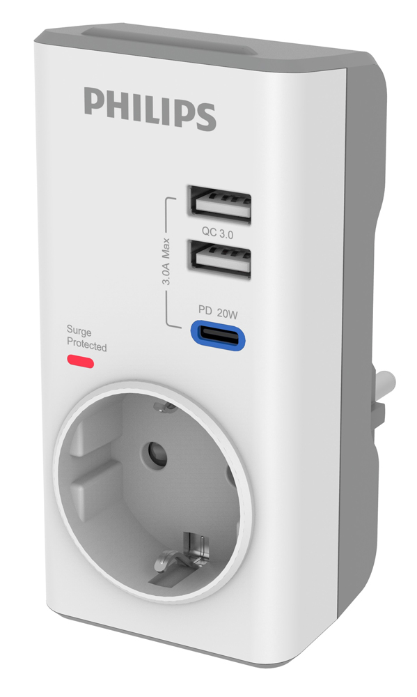 PHILIPS αντάπτορας ρεύματος CHP8010W/10, 1 θέση, USB-C/USB, 380J, λευκός