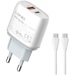 LDNIO φορτιστής τοίχου Q229 με καλώδιο, USB & USB-C, 20W PD, λευκός