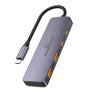 POWERTECH USB hub CAB-UC082, 4x θυρών, 10Gbps, USB-C σύνδεση, γκρι
