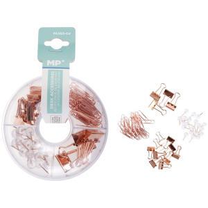 MP σετ γραφείου PA360-04 με συνδετήρες, κλιπ & πινέζες, ροζ χρυσό