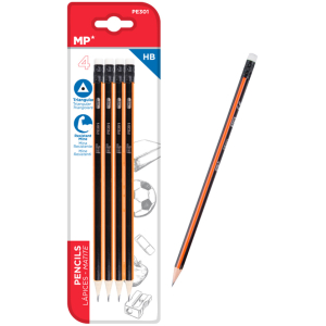 MP ξύλινο μολύβι με γόμα PE301, τρίγωνο, HB, 4τμχ