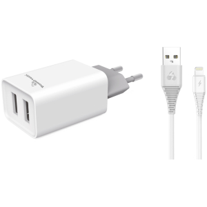 POWERTECH φορτιστής τοίχου PT-777, καλώδιο Lightning, 2x USB 2.1A, λευκό