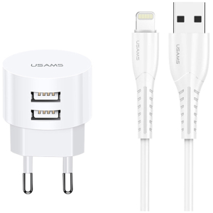 USAMS φορτιστής τοίχου T20 & καλώδιο Lightning, 2x USB, 2.1A, λευκός