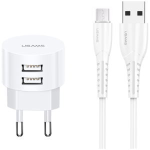 USAMS φορτιστής τοίχου T20 & καλώδιο Micro USB, 2x USB, 2.1A, λευκός