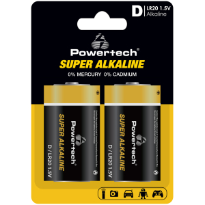 POWERTECH αλκαλικές μπαταρίες Super Alkaline PT-1217, LR20, 1.5V, 2τμχ