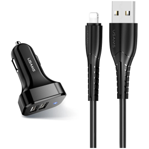 USAMS φορτιστής αυτοκινήτου C13 & καλώδιο Lightning, 2x USB, 2.1A, μαύρο