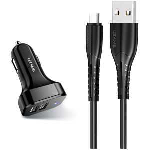 USAMS φορτιστής αυτοκινήτου C13 & καλώδιο Micro USB, 2x USB, 2.1A, μαύρο