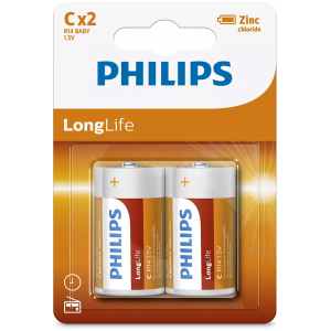 PHILIPS LongLife Zinc chloride μπαταρίες R14L2B/10, R14 1.5V, 2τμχ