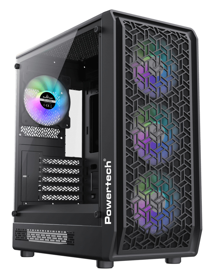 POWERTECH Gaming PC Case PT-1309, tempered glass, 4x ARGB fan, ATX, 340x200x436mm, μαύρο