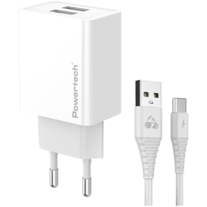 POWERTECH φορτιστής τοίχου PT-1324 με καλώδιο USB-C, 2x USB, 12W, λευκός