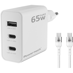 POWERTECH φορτιστής τοίχου PT-1378 με καλώδιο, USB/2x USB-C, 65W, GaN, λευκός