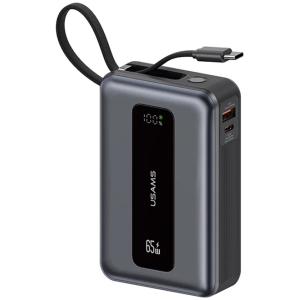 USAMS power bank CD243 με καλώδιο USB-C, 2x θύρες εξόδου, 20000mAh, 65W, γκρι