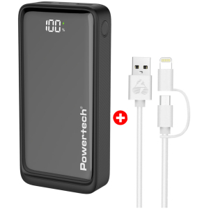 POWERTECH power bank PT-1327 με οθόνη & MFi καλώδιο USB σε Micro/Lightning, 20000mAh