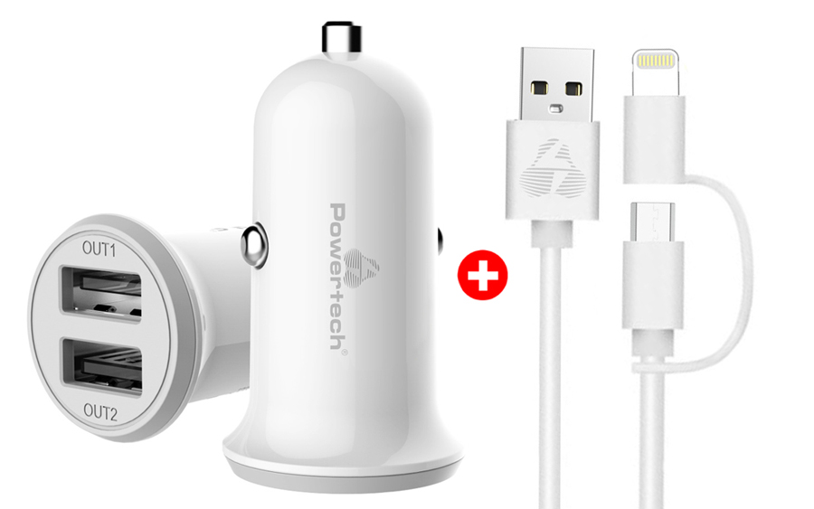 POWERTECH φορτιστής αυτοκινήτου 2x USB PT-714 & MFi καλώδιο USB σε Micro/Lightning