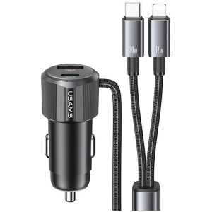 USAMS φορτιστής αυτοκινήτου CC287 με 2 σε 1 καλώδιο, USB/USB-C θύρες, 66W, μαύρος
