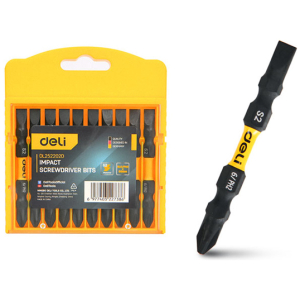 DELI σετ μύτες κατσαβιδιού DL252202D για δραπανοκατσάβιδο, διπλή κεφαλή, σταυρωτές/ίσιες, SL6/PH2x65mm, 10τμχ