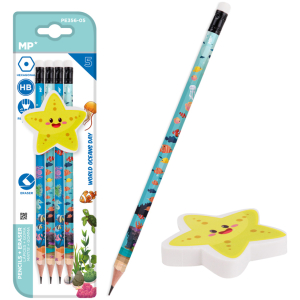 MP σετ ξύλινα μολύβια & γόμα World oceans day PPE356-05, εξάγωνα, HB, 5τμχ
