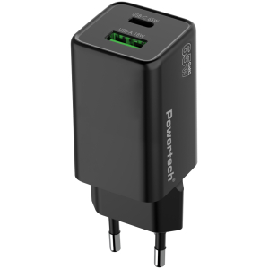 POWERTECH φορτιστής τοίχου PT-1501, USB/USB-C, 65W, GaN, μαύρος