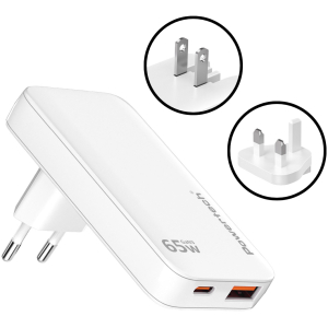 POWERTECH φορτιστής τοίχου PT-1532, EU/UK/CN βύσμα, USB/USB-C, 65W, GaN, λευκός