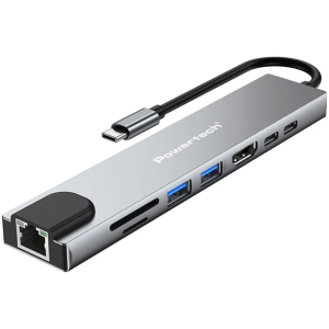 POWERTECH docking station PT-1536, 8 θυρών, USB-C σύνδεση, 87W PD, 100Mbps, γκρι