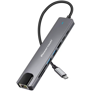 POWERTECH docking station PT-1537, 8 θυρών, USB-C σύνδεση, 100W PD, 1000Mbps, γκρι