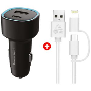 POWERTECH φορτιστής αυτοκινήτου με καλώδιο MFi USB σε micro USB/Lightning BNDL-0207, USB & USB-C, 85W, μαύρο/λευκό