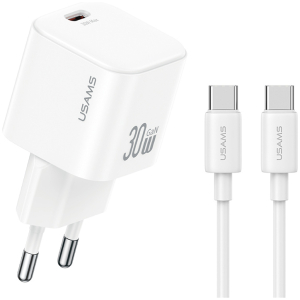 USAMS φορτιστής τοίχου CC262 με καλώδιο USB-C, 30W, GaN, λευκός