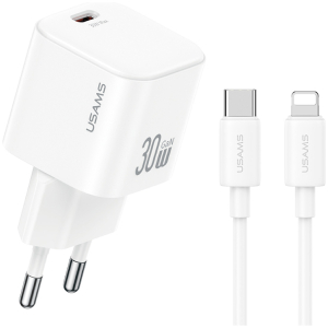 USAMS φορτιστής τοίχου CC262 με καλώδιο Lightning, 30W, GaN, λευκός