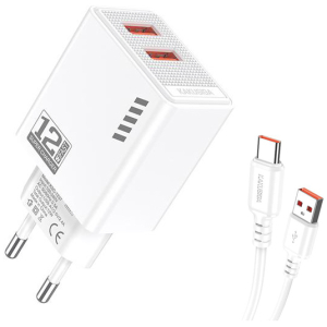 KAKUSIGA φορτιστής τοίχου KSC-1238 με καλώδιο USB-C, 2x USB, 12W, λευκός