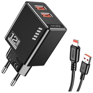 KAKUSIGA φορτιστής τοίχου KSC-1238 με καλώδιο Lightning, 2x USB, 12W, μαύρος