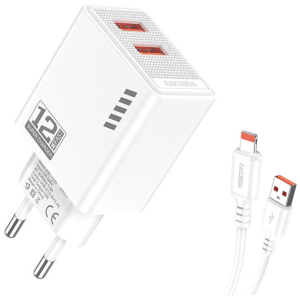 KAKUSIGA φορτιστής τοίχου KSC-1238 με καλώδιο Lightning, 2x USB, 12W, λευκός