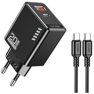 KAKUSIGA φορτιστής τοίχου KSC-1240 με καλώδιο USB-C, USB & USB-C, 20W, μαύρος