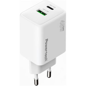POWERTECH φορτιστής τοίχου PT-1551, USB/USB-C, 45W, GaN, AVS, λευκός