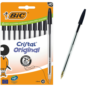 BIC στυλό διαρκείας ballpoint Cristal Original, 1.0mm μύτη, μαύρο, 10τμχ