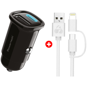 POWERTECH φορτιστής αυτοκινήτου με καλώδιο MFi USB σε micro USB/Lightning BNDL-0206, USB & USB-C, 30W, μαύρο/λευκό