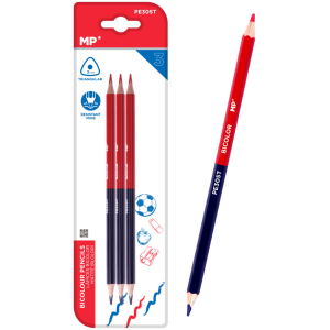MP ξυλομπογιά με διπλή μύτη PE305T, 3mm μύτη, τρίγωνο, μπλε/κόκκινο, 3τμχ
