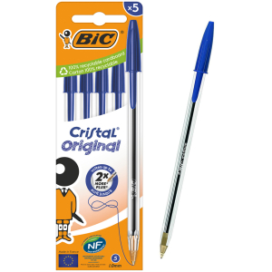 BIC στυλό διαρκείας ballpoint Cristal Original, 1mm μύτη, μπλε, 5τμχ